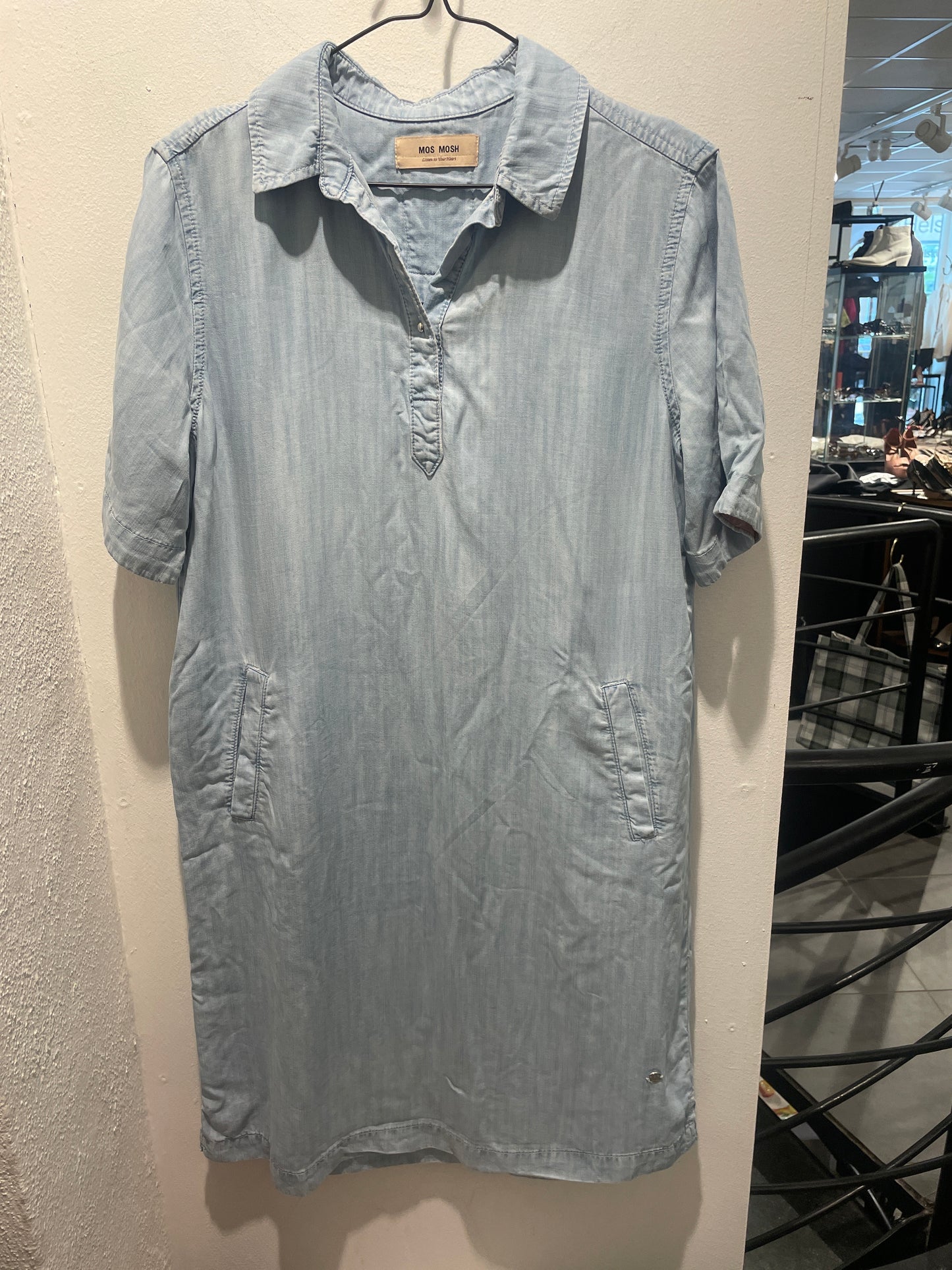 Mos Mosh dress – Light blue tencel shirtdress with embroidered back detail - S
