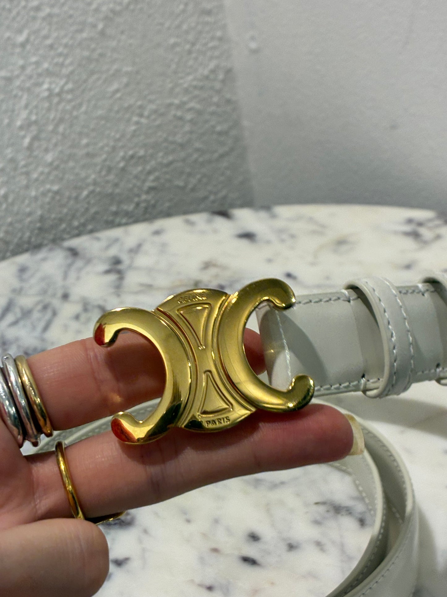 Celine Belt – Triomphe Belt in Cream Leather & Gold Hardware Size 85