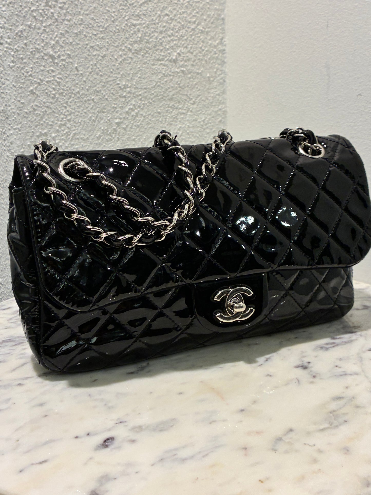 Chanel Medium Single Flap – Black Patent Leather & Silver Hardware