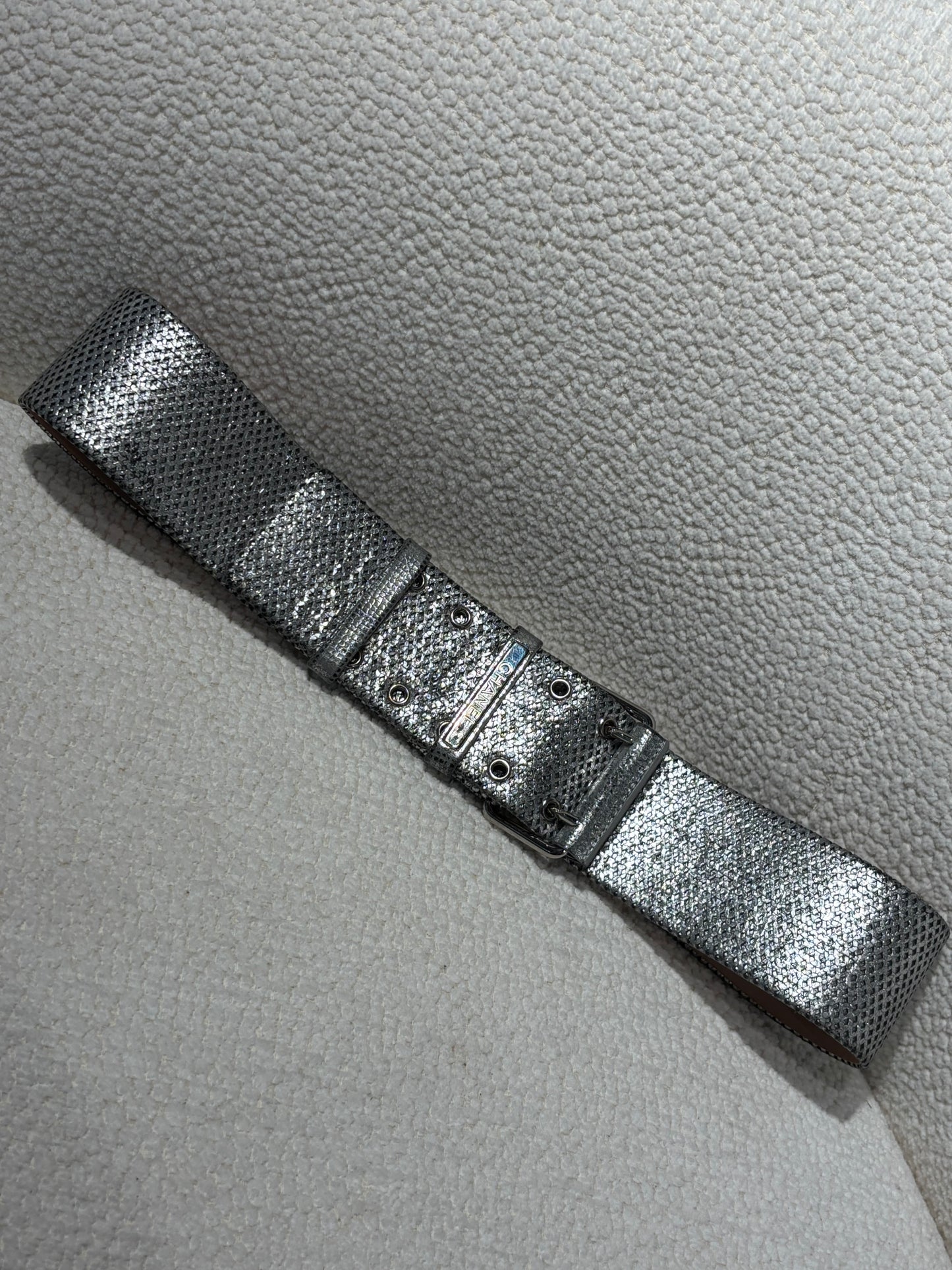 Chanel Belt – Silver Leather with Perforated Detail