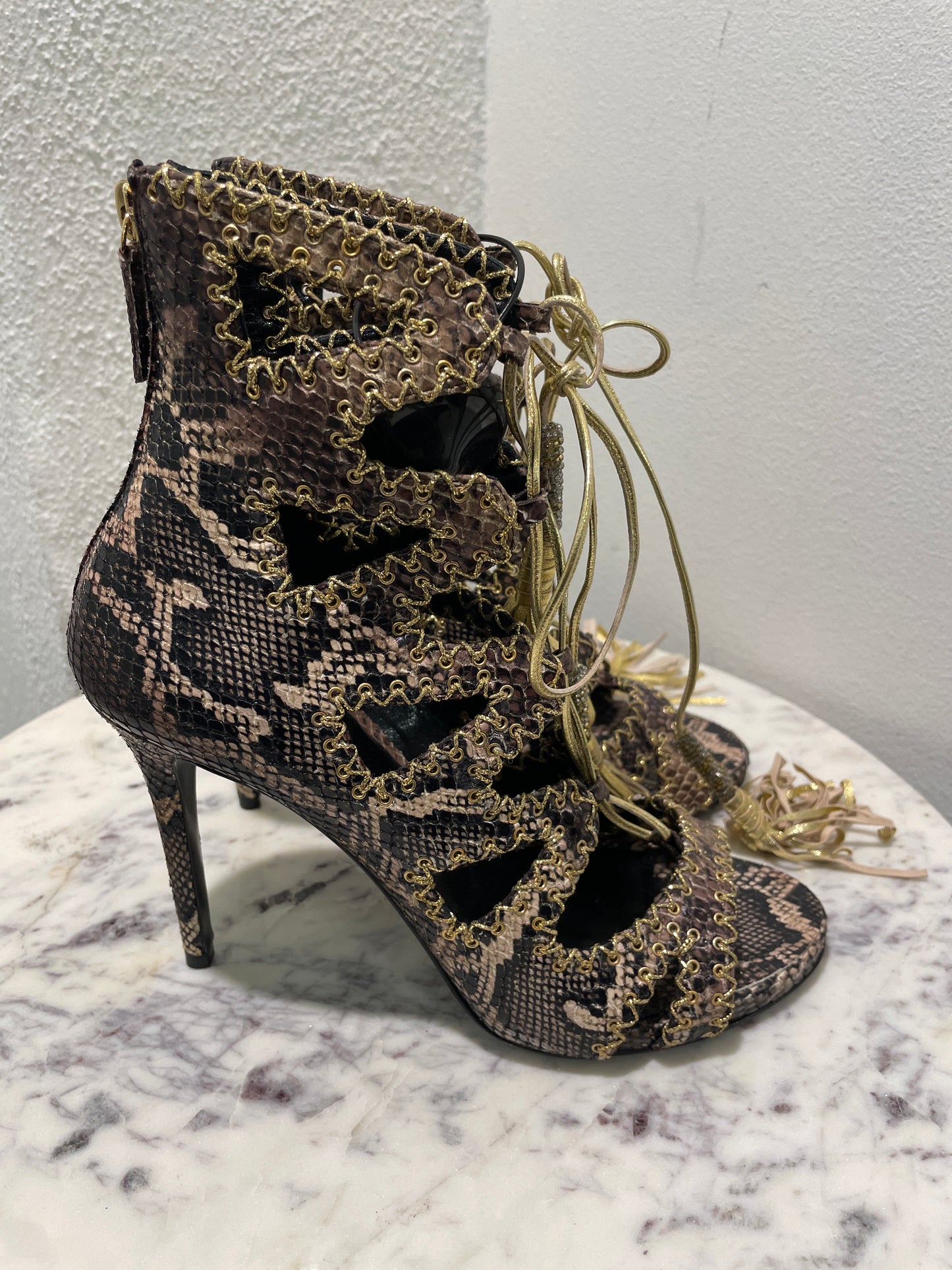 Roberto Cavalli Snakeskin Print Open-Toe Lace-Up Booties with Gold Tassels - 39