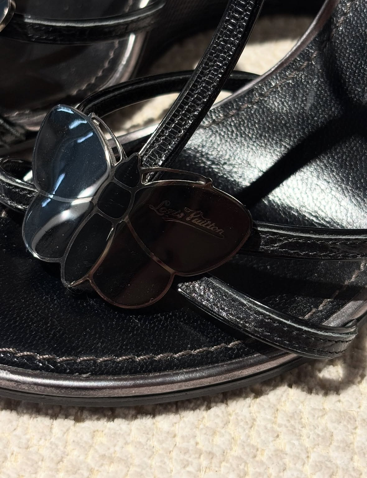 Louis Vuitton Wedge Sandals - Black Leather with Butterfly Detail - EU 40