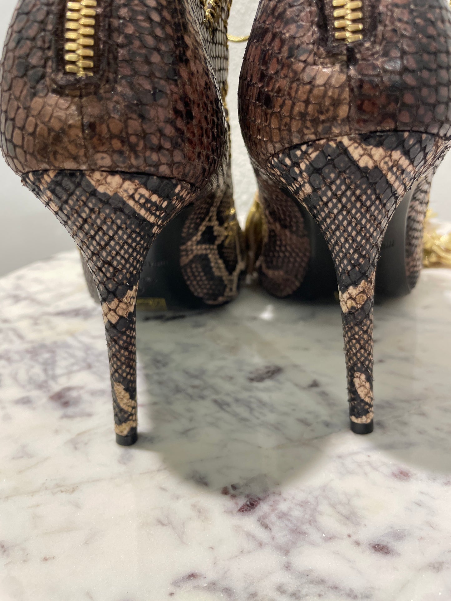 Roberto Cavalli Snakeskin Print Open-Toe Lace-Up Booties with Gold Tassels - 39