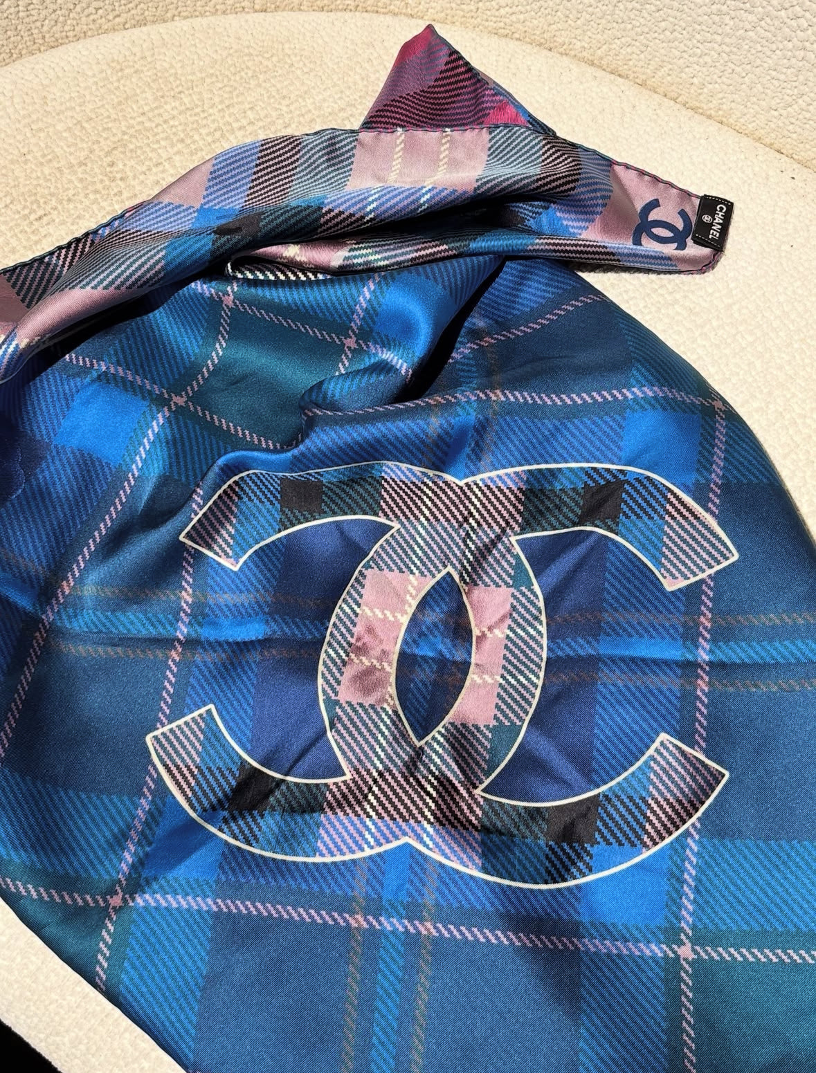 Chanel Scarf - Silk - Blue, Purple & Pink Plaid with Logos