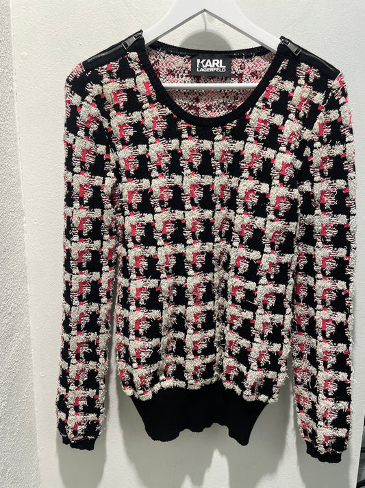 Karl Lagerfeld — Tweed-Inspired Bouclé Knit Sweater with Zipper Details - M