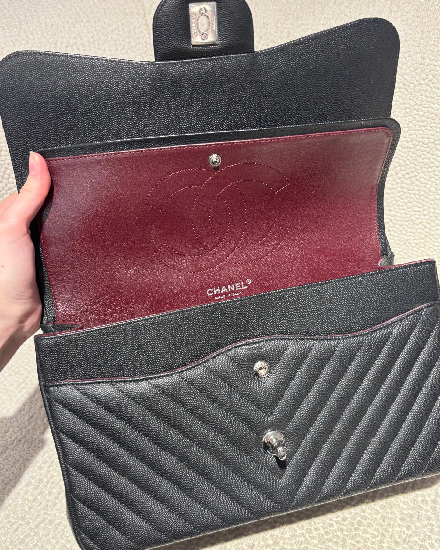 Chanel Classic Flap Bag Chevron - Jumbo - Black Caviar & Silver Hardware