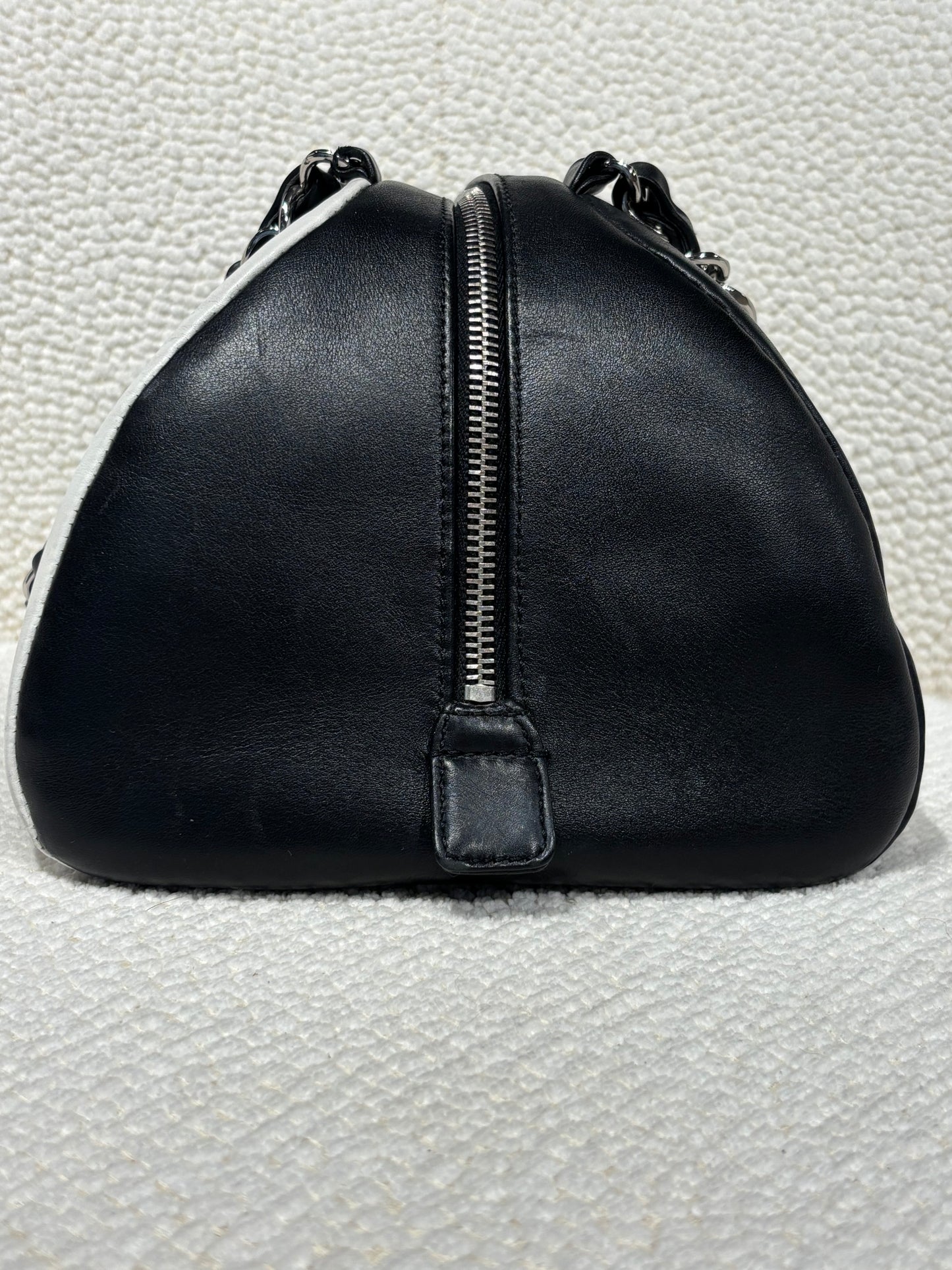 Chanel Bowling Bag –  Bicolor CC Black & White Lambskin with Silver Chain