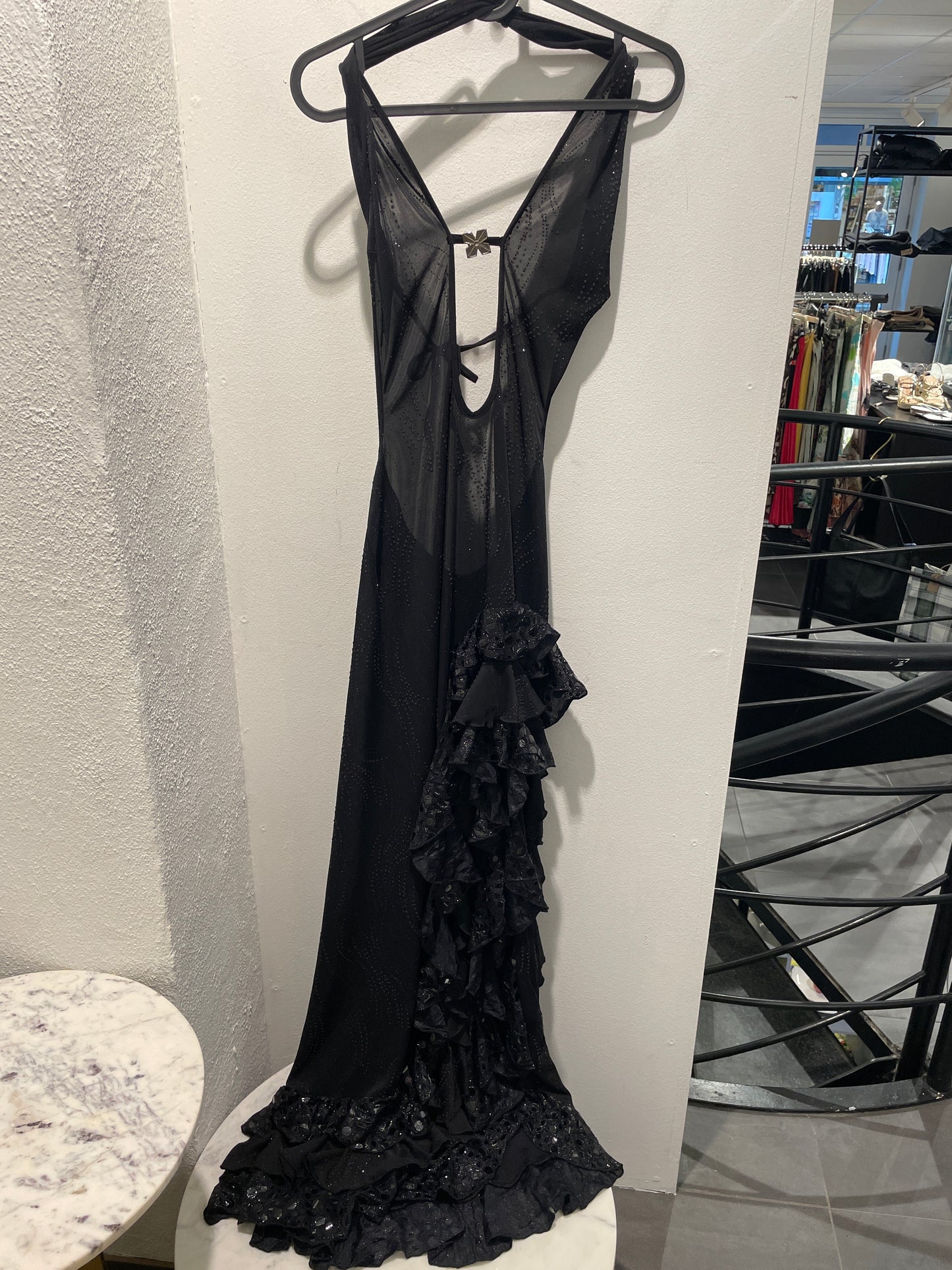 Liberta dress – Black sheer maxi dress with ruffles - S/M