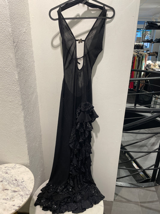Liberta dress – Black sheer maxi dress with ruffles - S/M