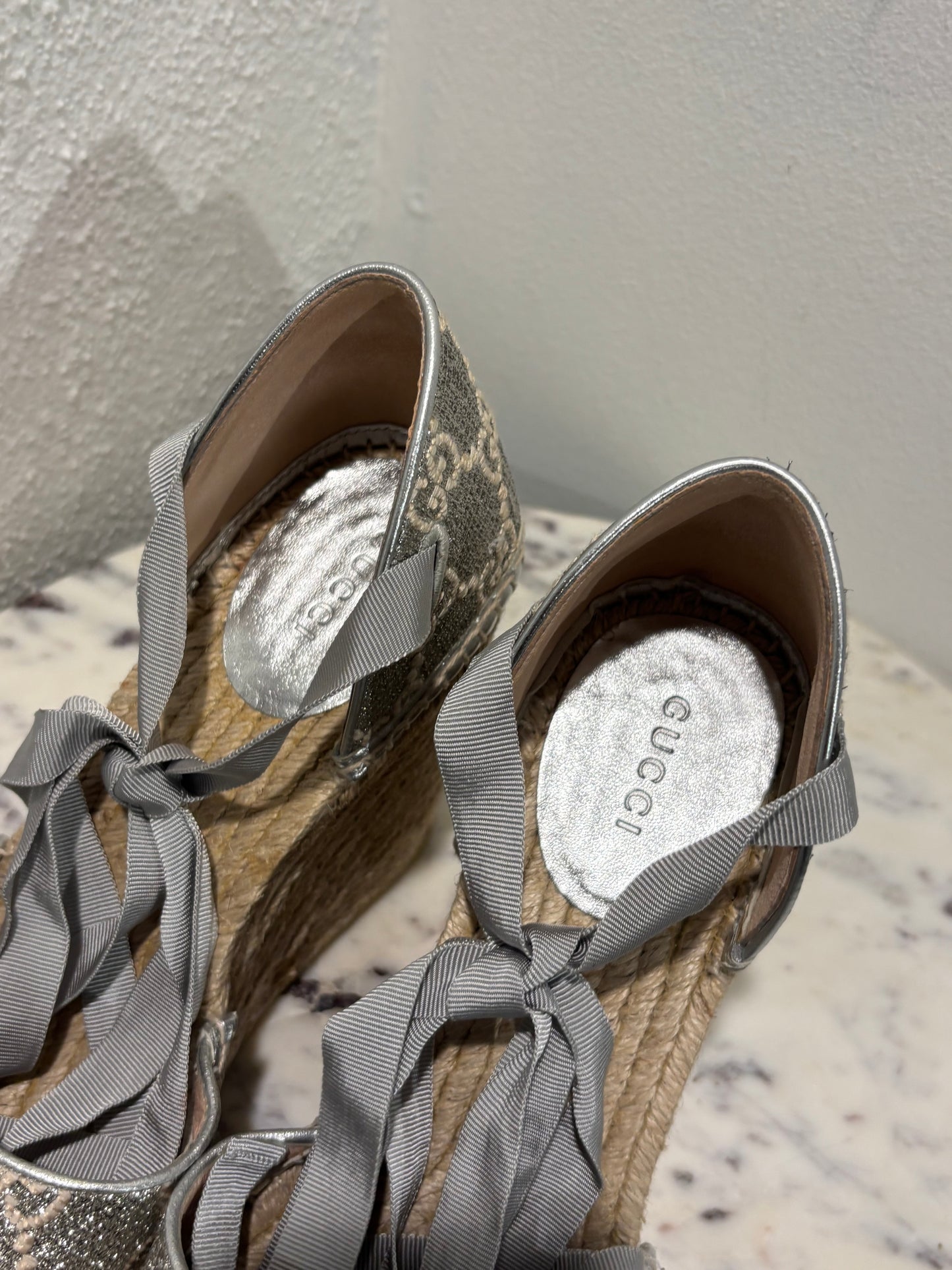 Gucci Wedge Sandals - Silver Monogram - EU 40