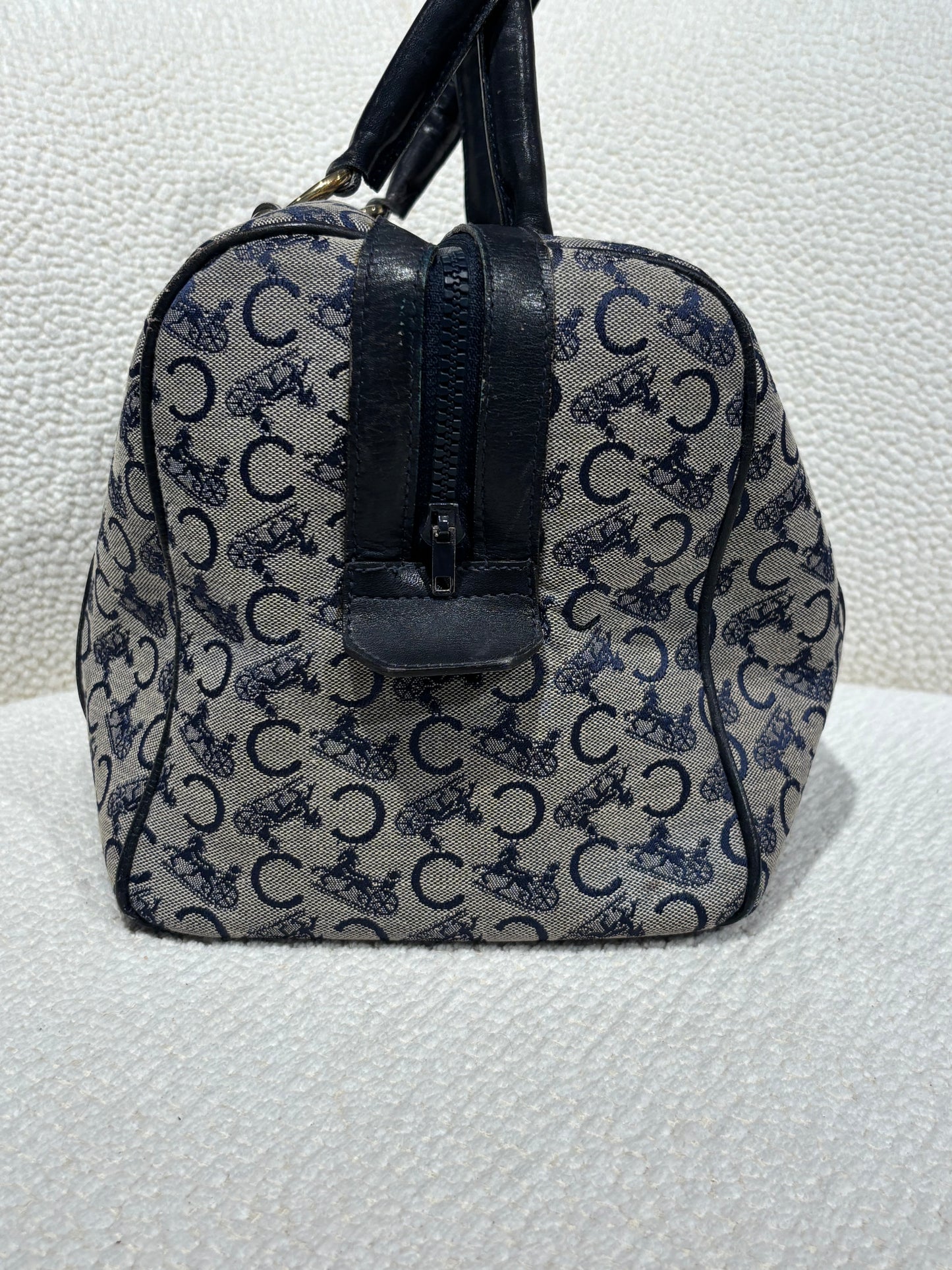 Celine Vintage Macadam Boston Bag – Grey & Navy Canvas & Leather