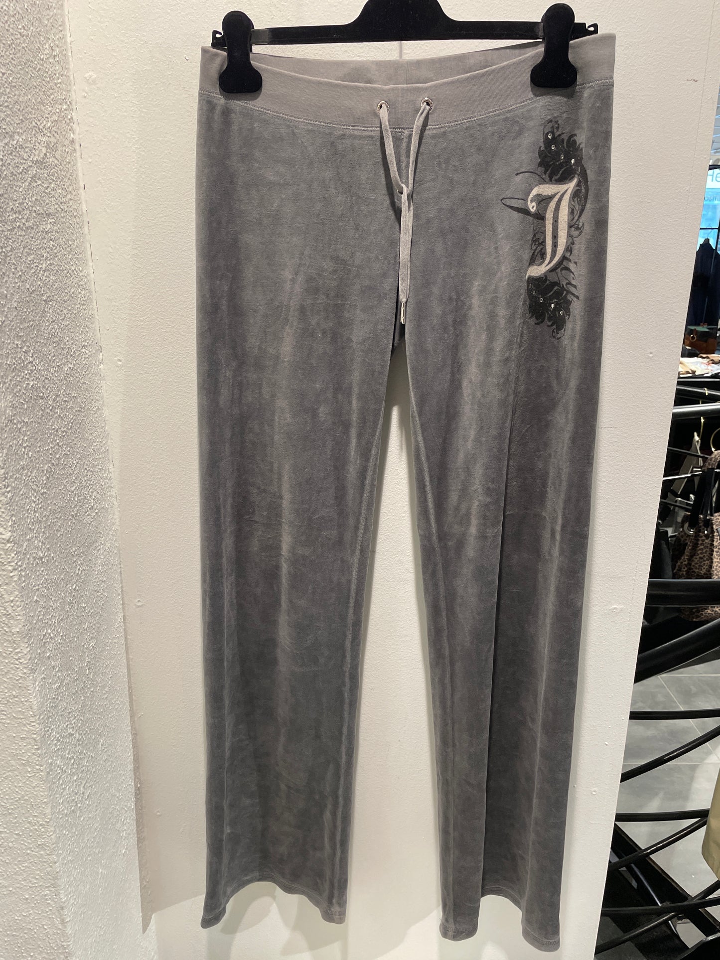 Juicy Couture Grey Velour Track Pants with Rhinestone JC Logo - S/M