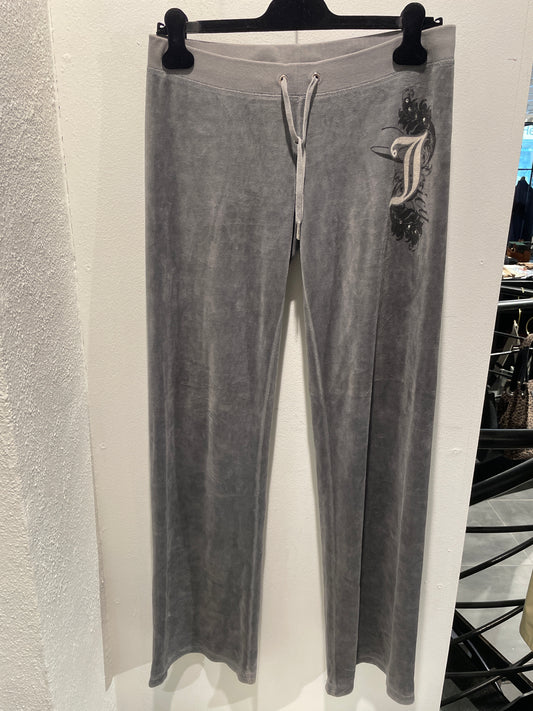 Juicy Couture Grey Velour Track Pants with Rhinestone JC Logo - S/M