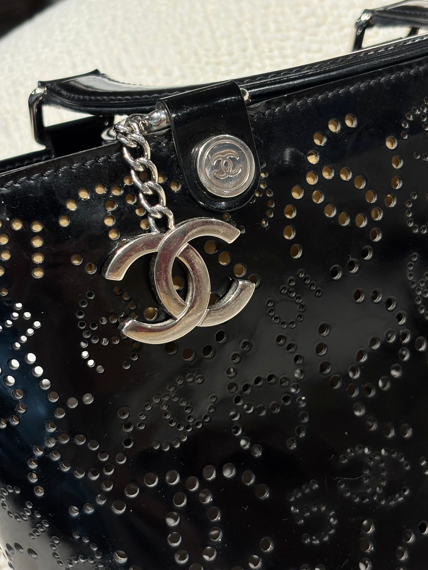 Chanel Handbag –  Black Perforated Patent Leather