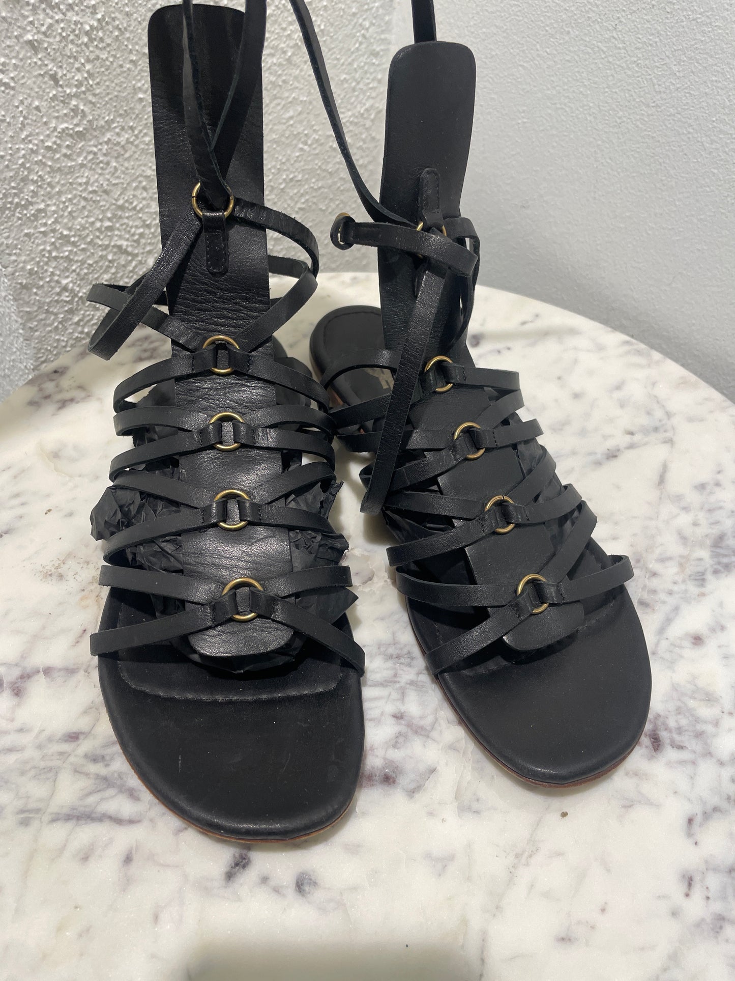 Vintage Yves Saint Laurent YSL Black Leather Lace-Up Gladiator Sandals - 37,5