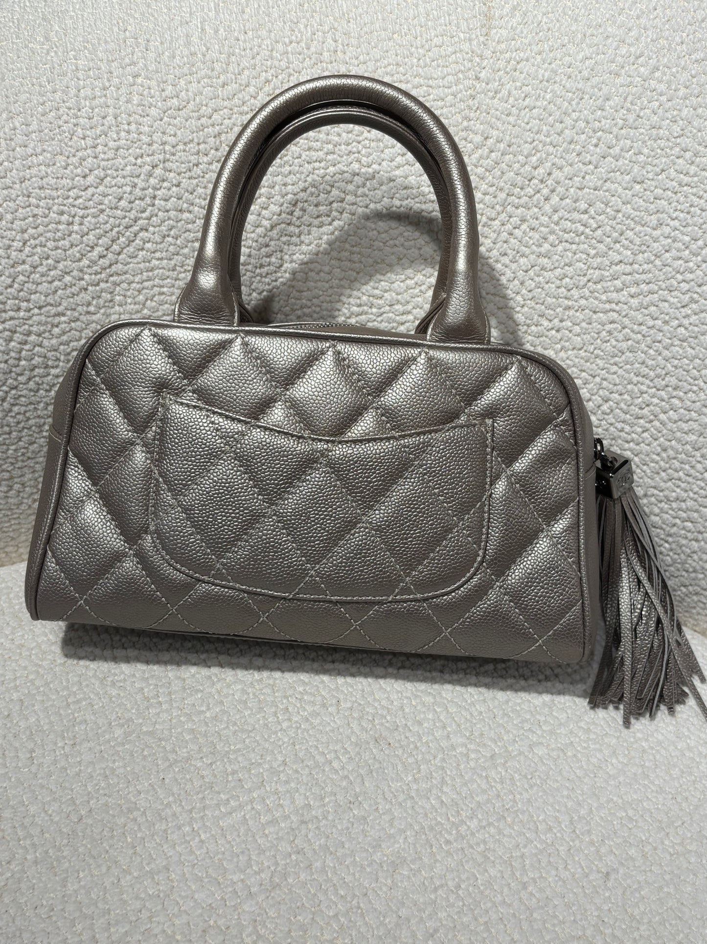 Chanel Boston Bag – Silver Caviar Leather & Silver Hardware