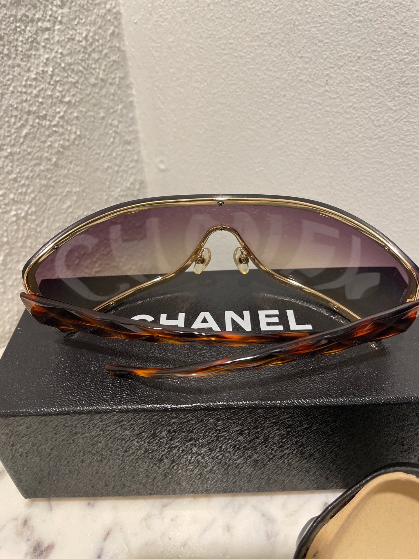 Chanel Vintage Quilted Shield Sunglasses – One Size / Tortoise & Gold