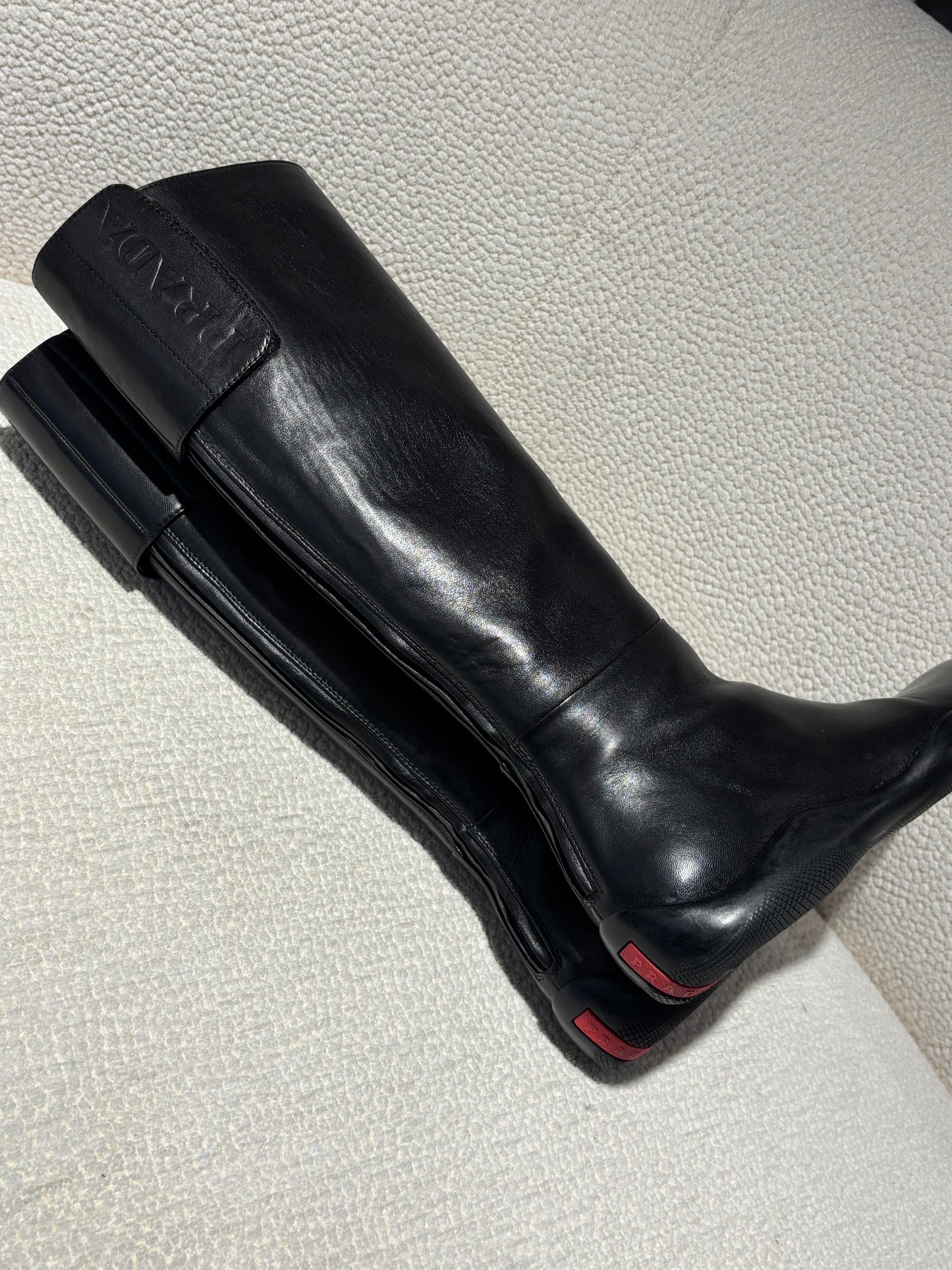 Prada Knee-High Boots - Black Leather & Embossed Logo - EU 39.5