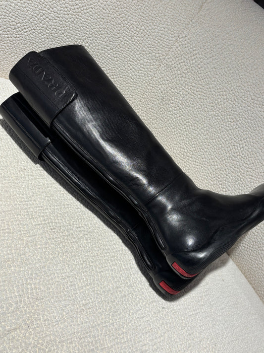 Prada Knee-High Boots - Black Leather & Embossed Logo - EU 39.5