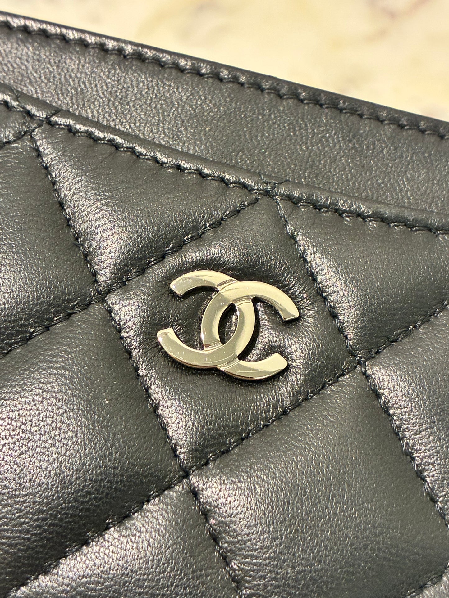 Chanel Cardholder - Black Lamsbkin & Silver Logo