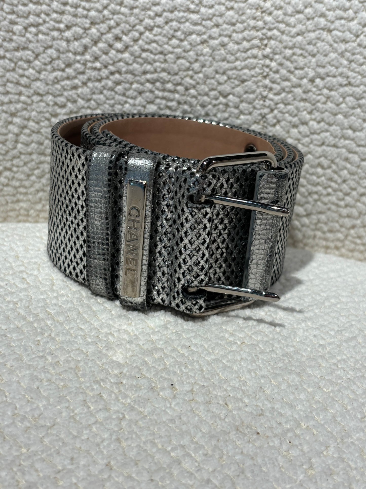 Chanel Belt – Silver Leather with Perforated Detail