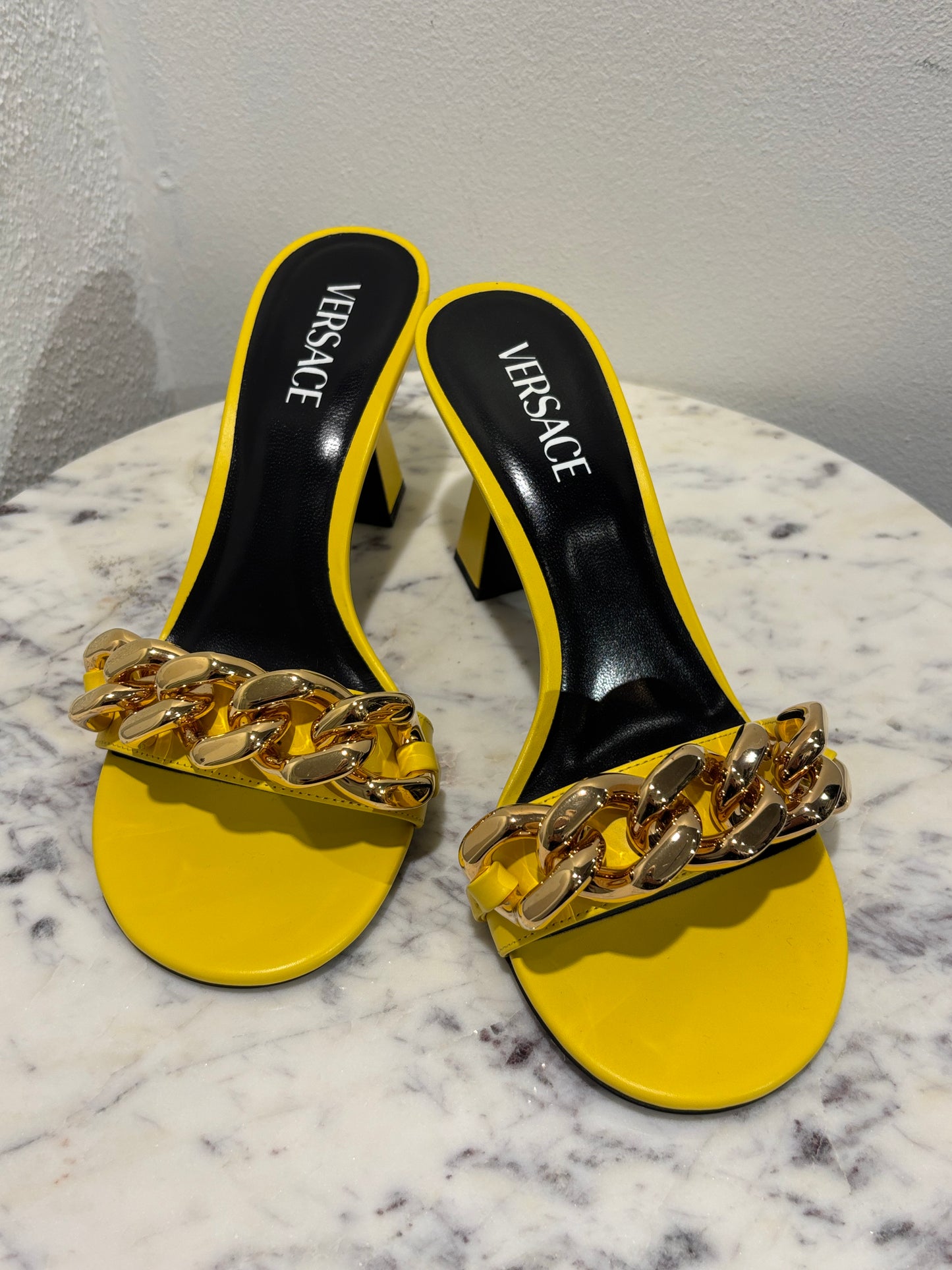 Versace Heeled Sandals - Yellow With Gold Chain - Size 40