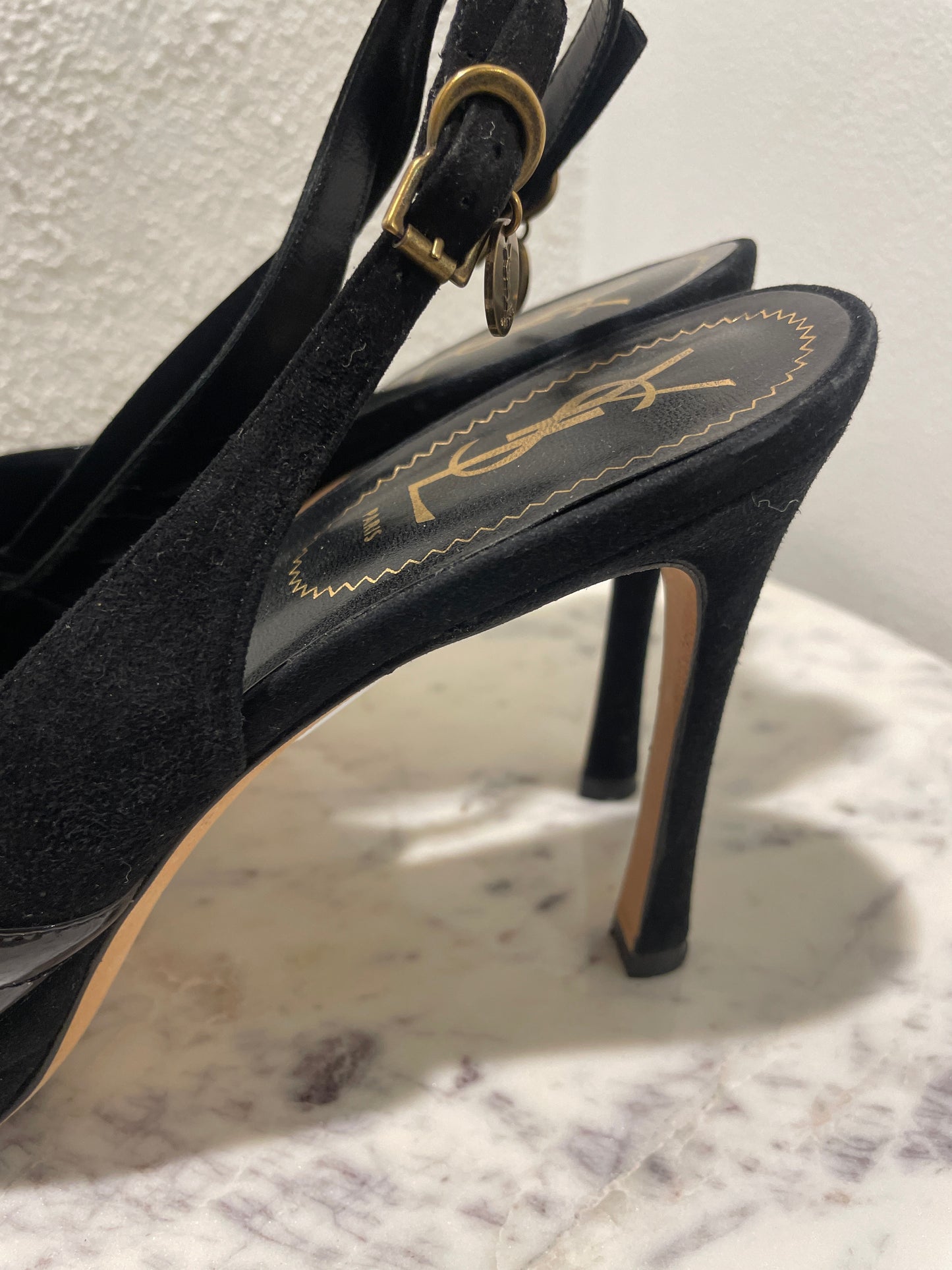 Vintage Yves Saint Laurent YSL Black Suede & Patent Leather Slingback Platform Heels - 39,5