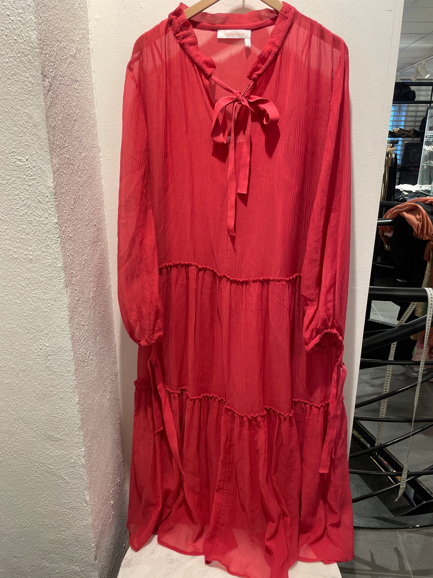 See by Chloé Raspberry Red Textured Tiered Dress - L
