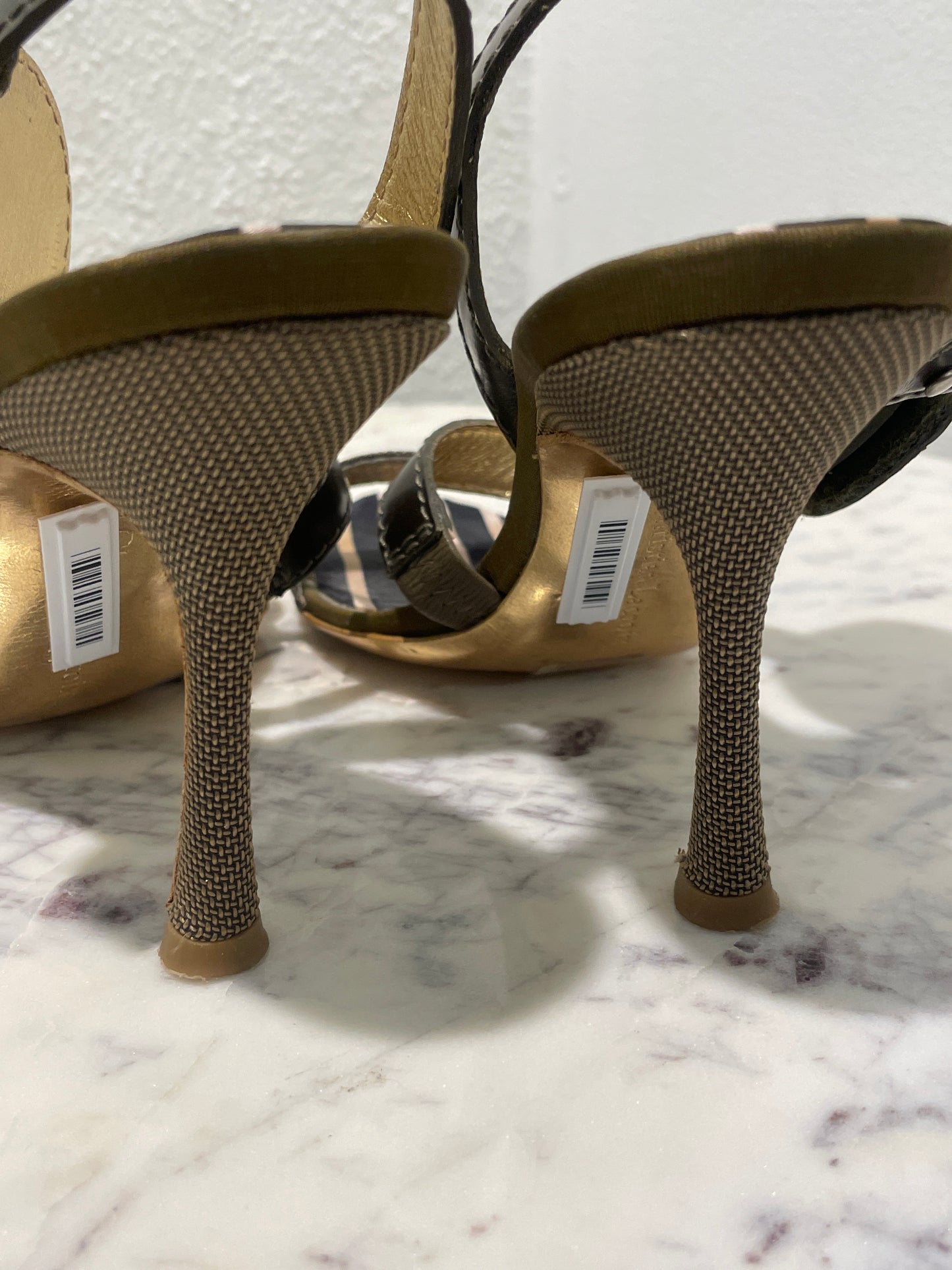Christian Lacroix Vintage Striped Silk Strappy Sandals with Rhinestone Circle Details -  36