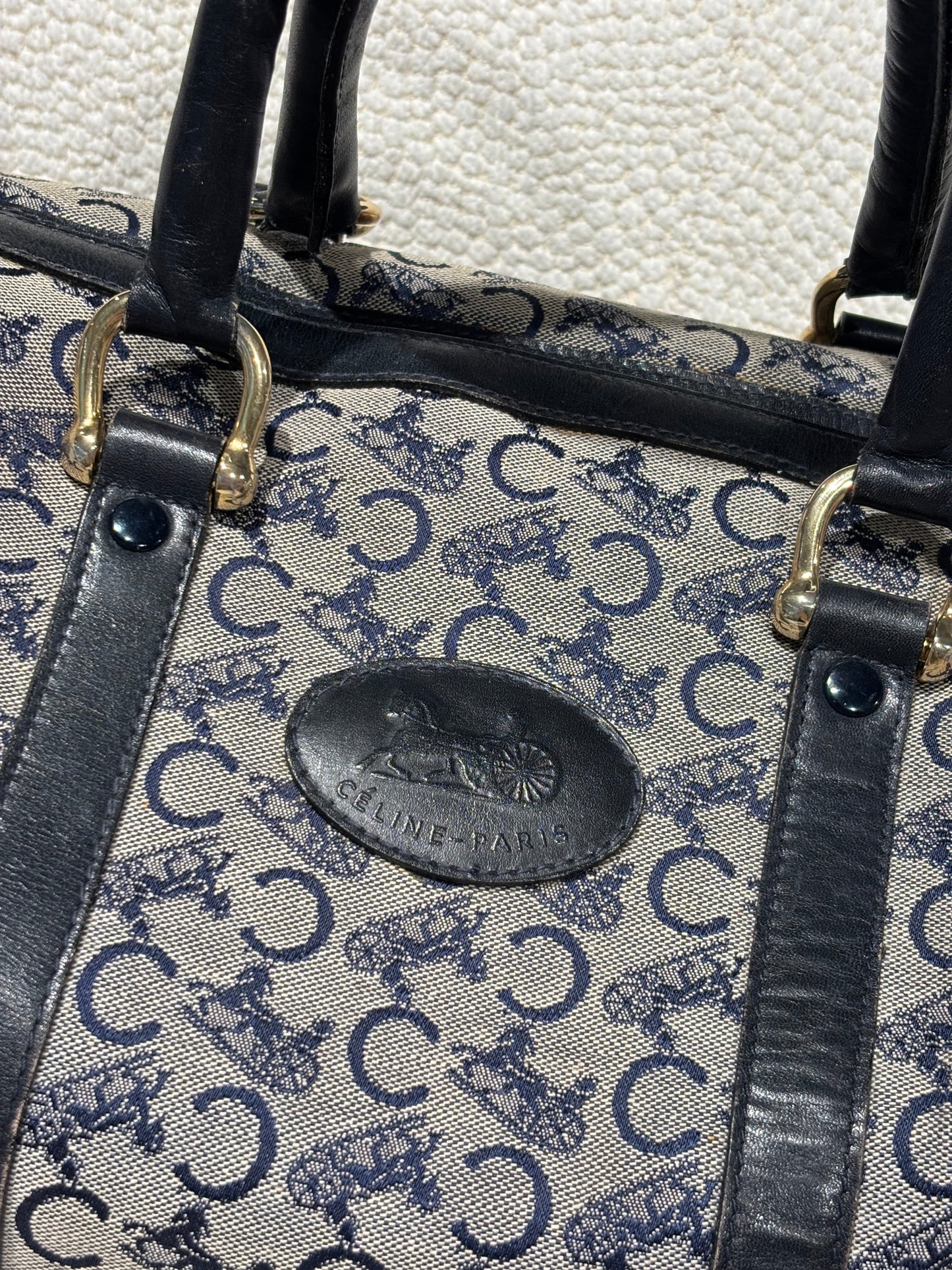 Celine Vintage Macadam Boston Bag – Grey & Navy Canvas & Leather