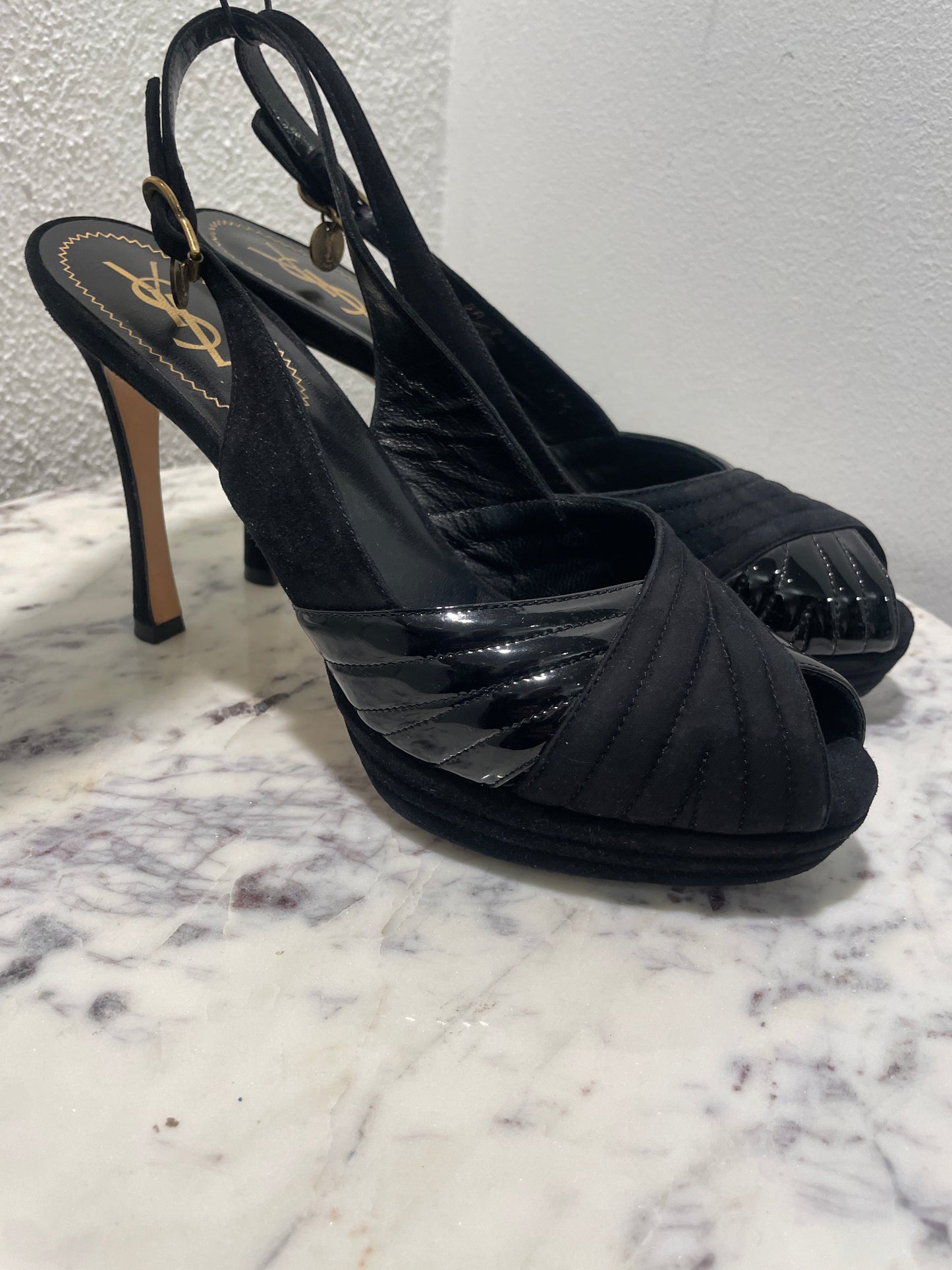 Vintage Yves Saint Laurent YSL Black Suede & Patent Leather Slingback Platform Heels - 39,5