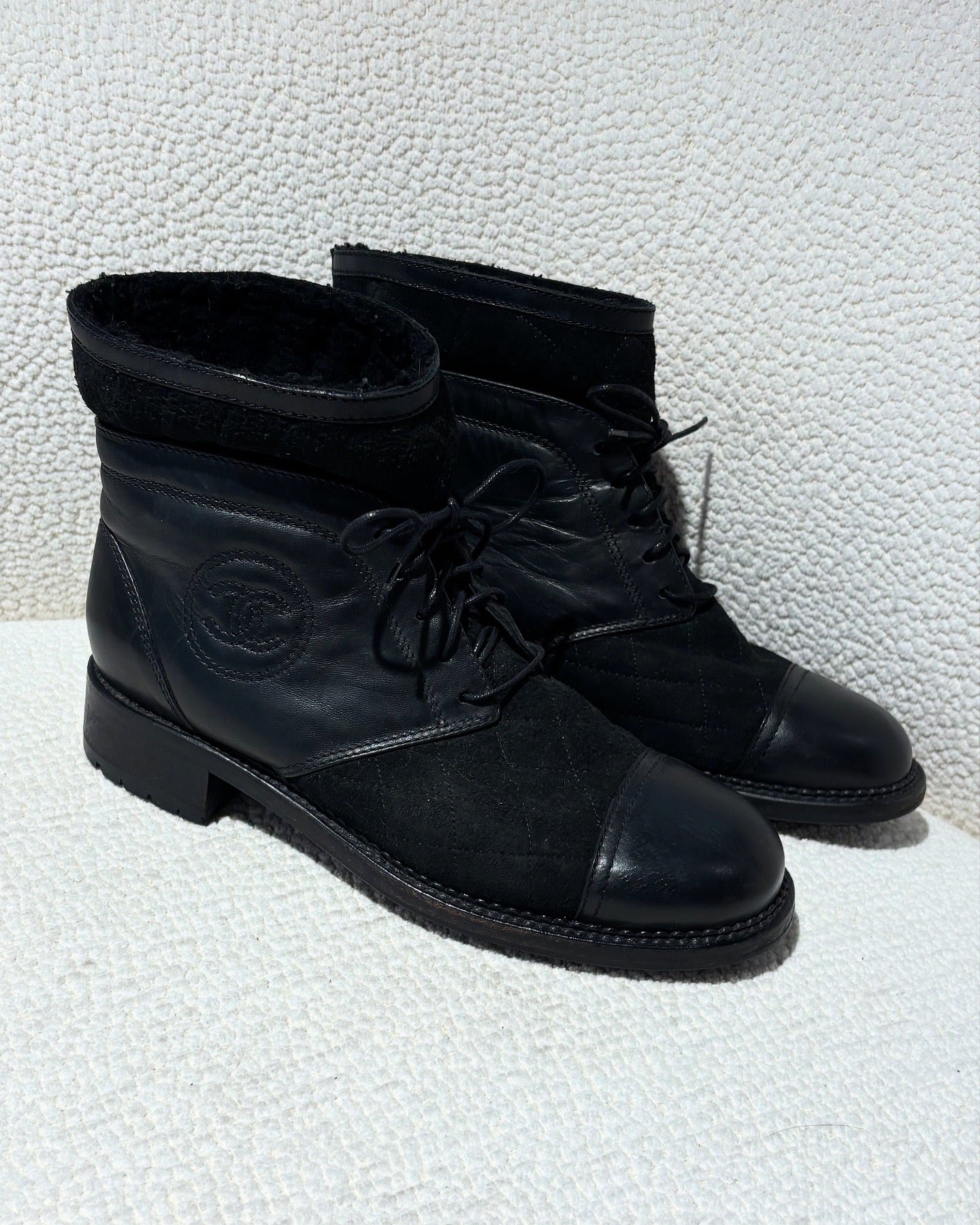 Chanel Combat Boots – Black Calfskin with Suede Details – EU 39