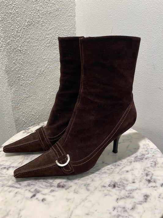 Unworn Vintage Sergio Rossi Brown Suede Pointed-Toe Boots with Box - 39