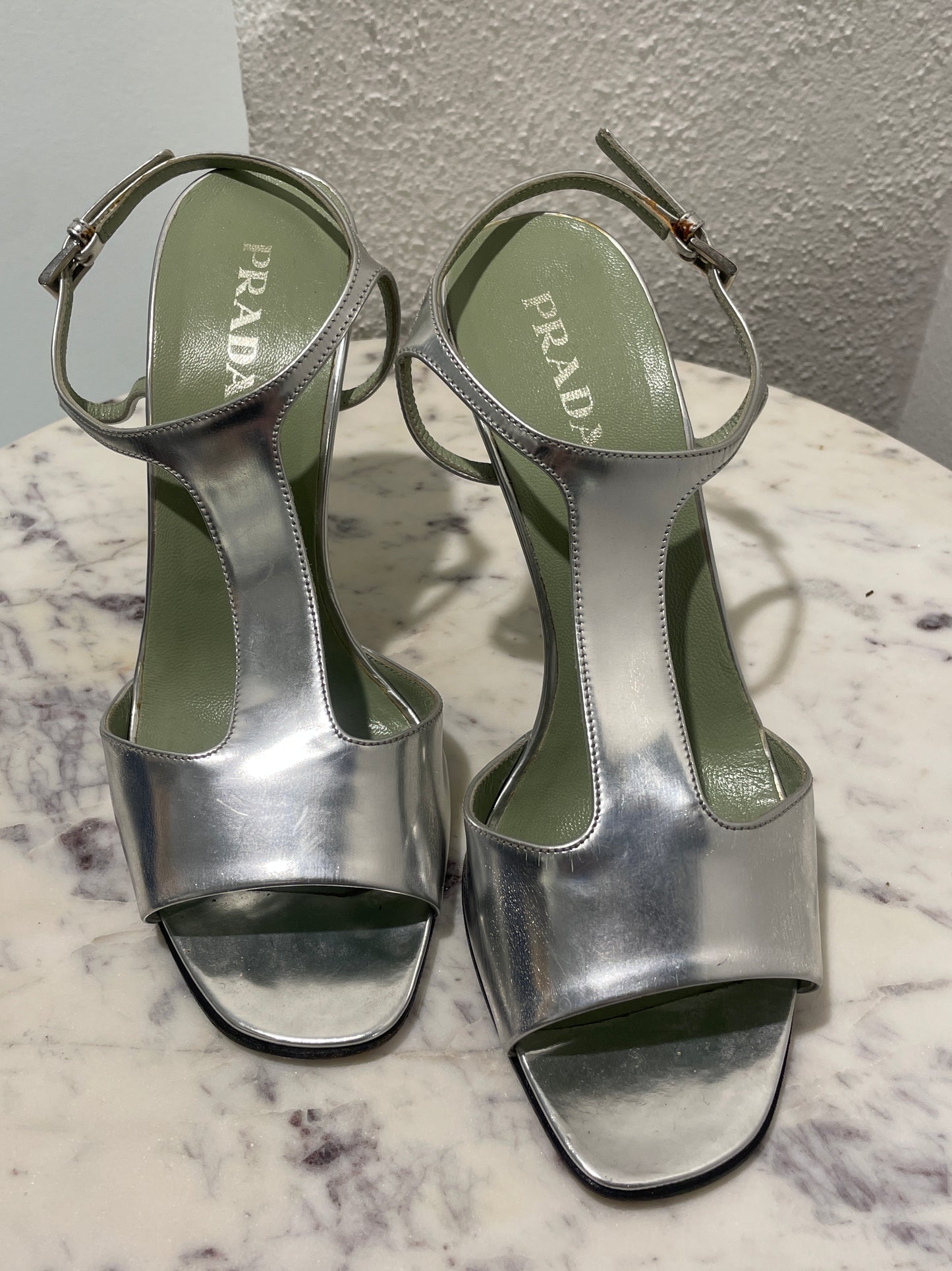Vintage Prada Metallic Silver T-Strap Heeled Sandals - 37