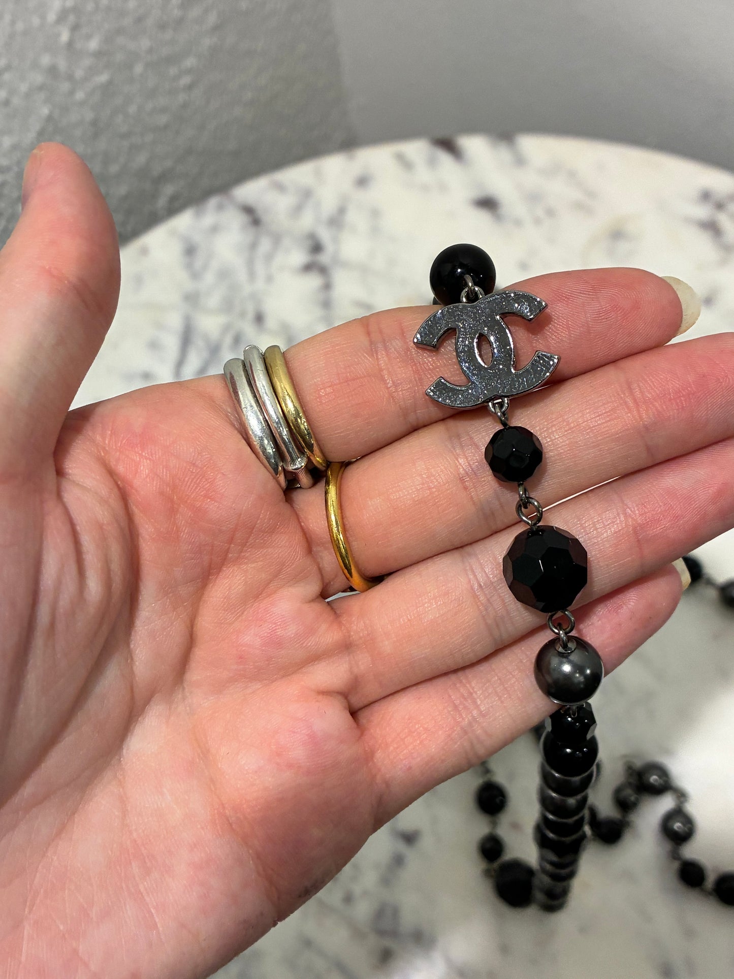Chanel Beaded Necklace – Black Pearls & Oxidised Silver Logos
