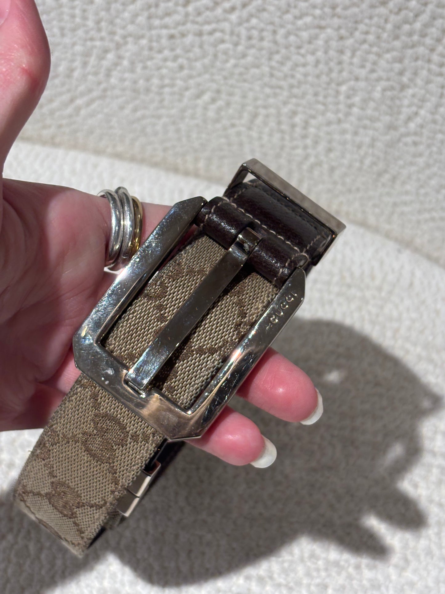 Gucci Belt - Twist Reversible Beige Monogram & Brown Leather
