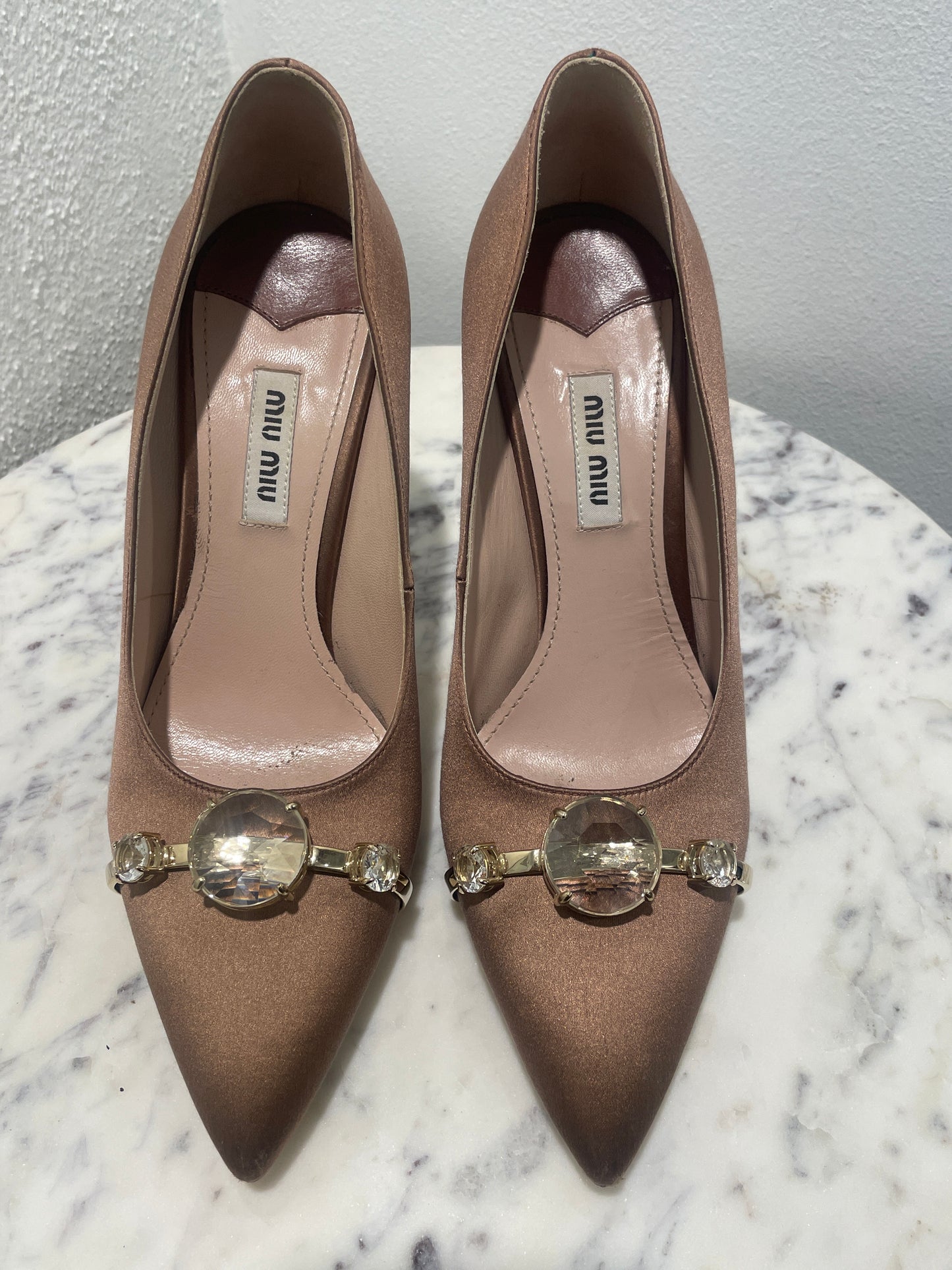 Miu Miu Crystal Embellished Satin Pumps - 38