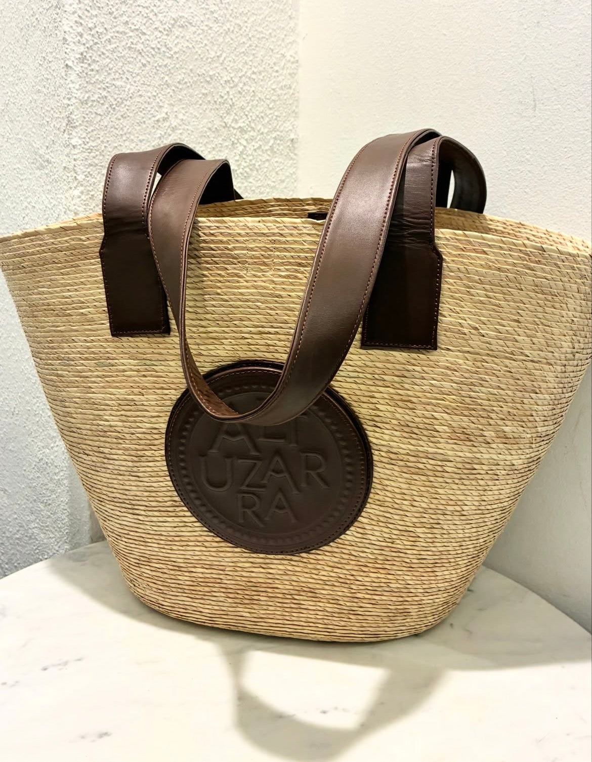 Altuzarra Raffia Tote – Raffia with Brown Logo Text