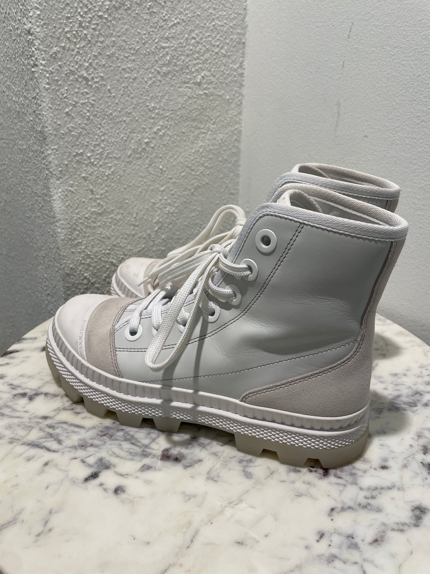 Jimmy Choo Nord White Nappa Leather & Suede Sneaker Boots - 37