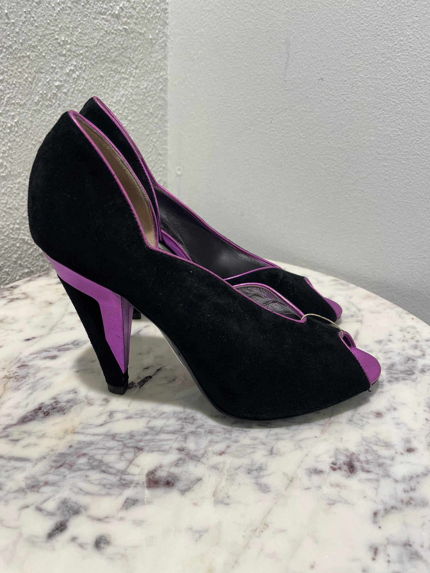 Vintage Dolce & Gabbana Black Suede Peep-Toe Pumps with Purple Heel Accents - 38