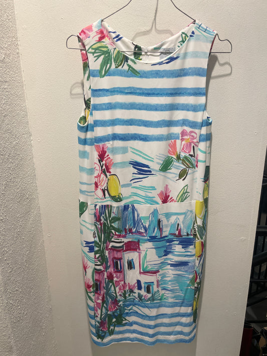 Vintage Bogner Sleeveless Dress with Scenic Riviera Print - S