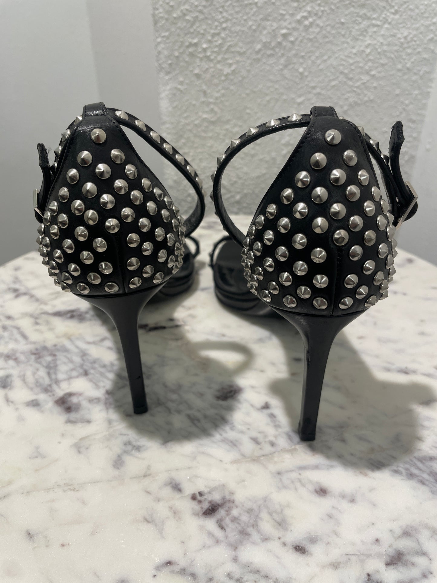 Saint Laurent YSL Janis Black Leather Studded Ankle Strap Sandals - 36