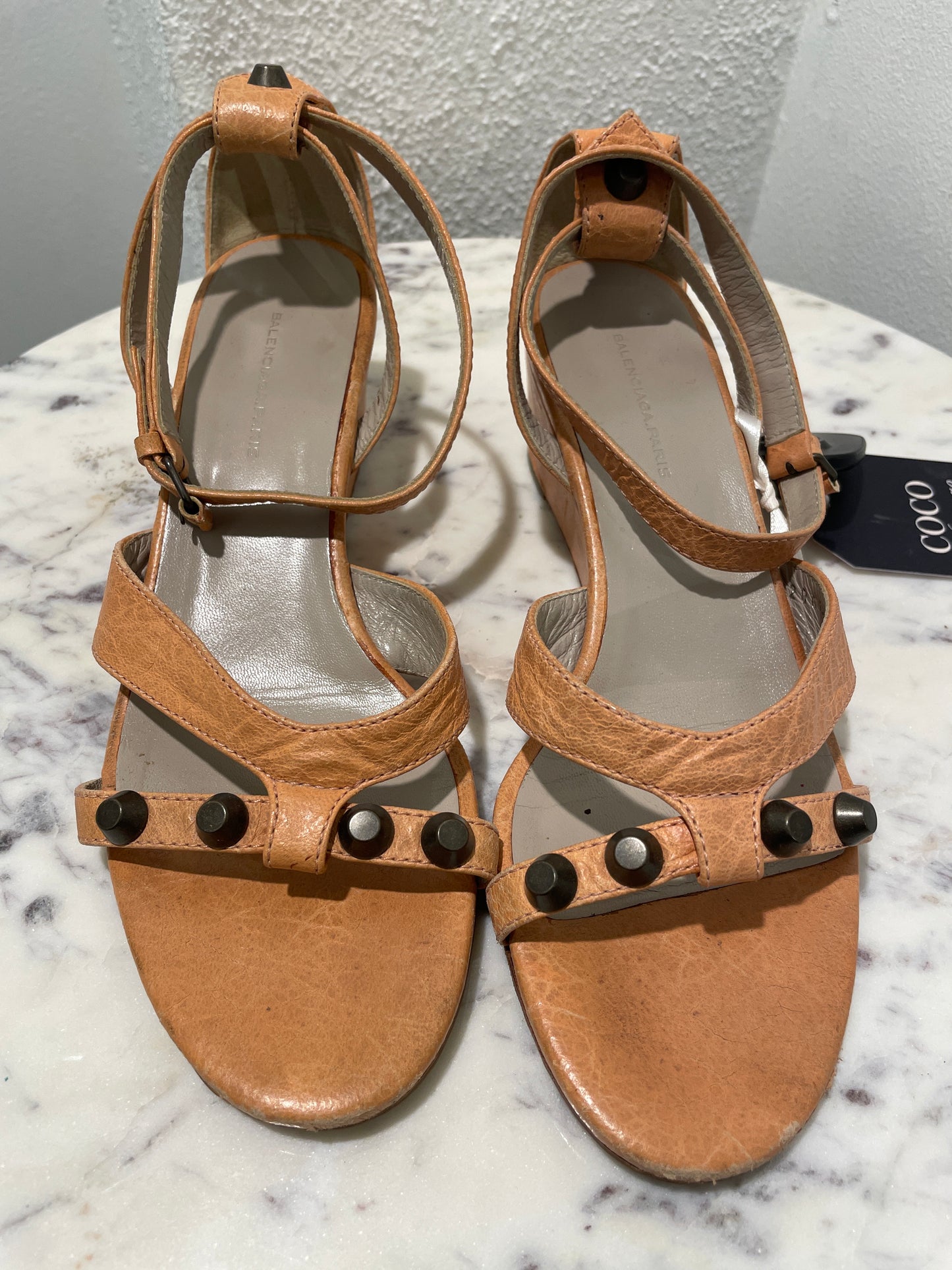 Authentic Balenciaga Arena Leather Giant Studded Wedge Sandals - 37