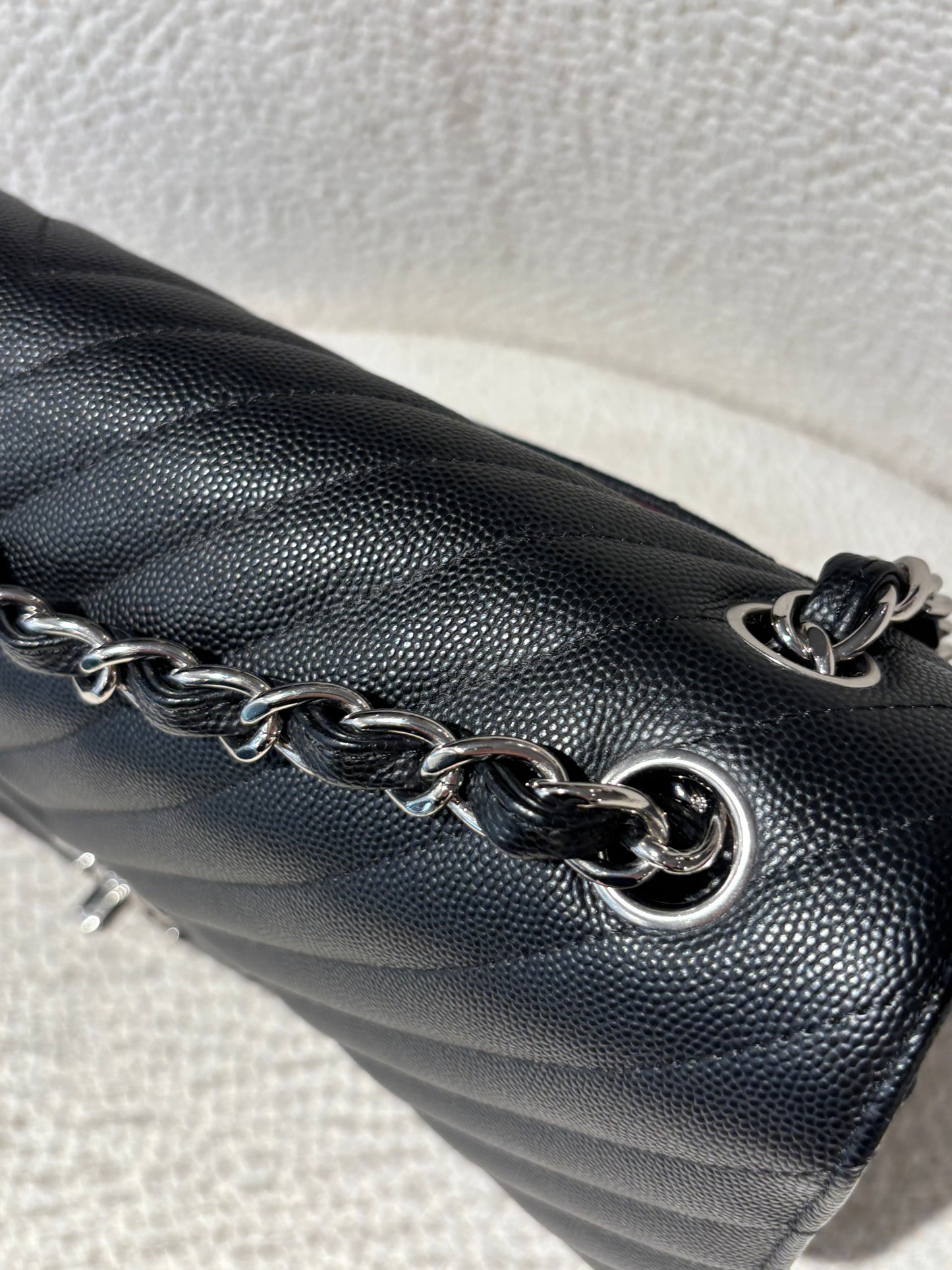 Chanel Classic Flap Bag Chevron - Jumbo - Black Caviar & Silver Hardware