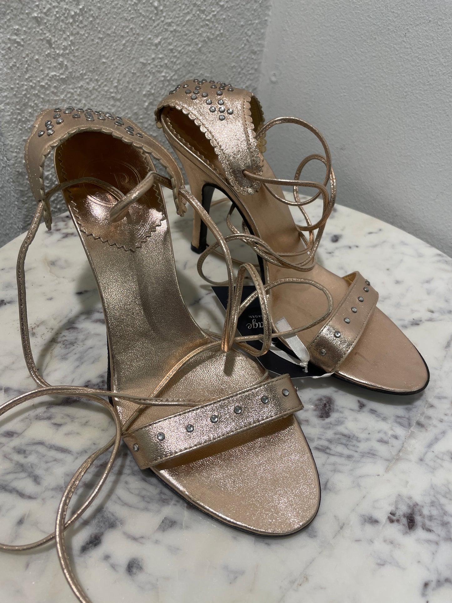 La Perla Metallic Rose Gold Studded Lace-Up Heeled Sandals – 37