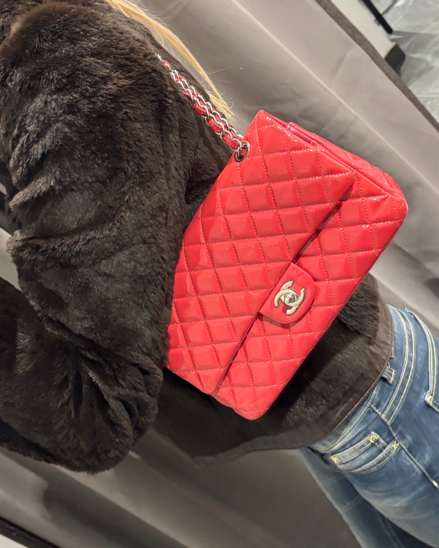 Chanel Flap Bag - Raspberry Patent Leather & Silver Hardware