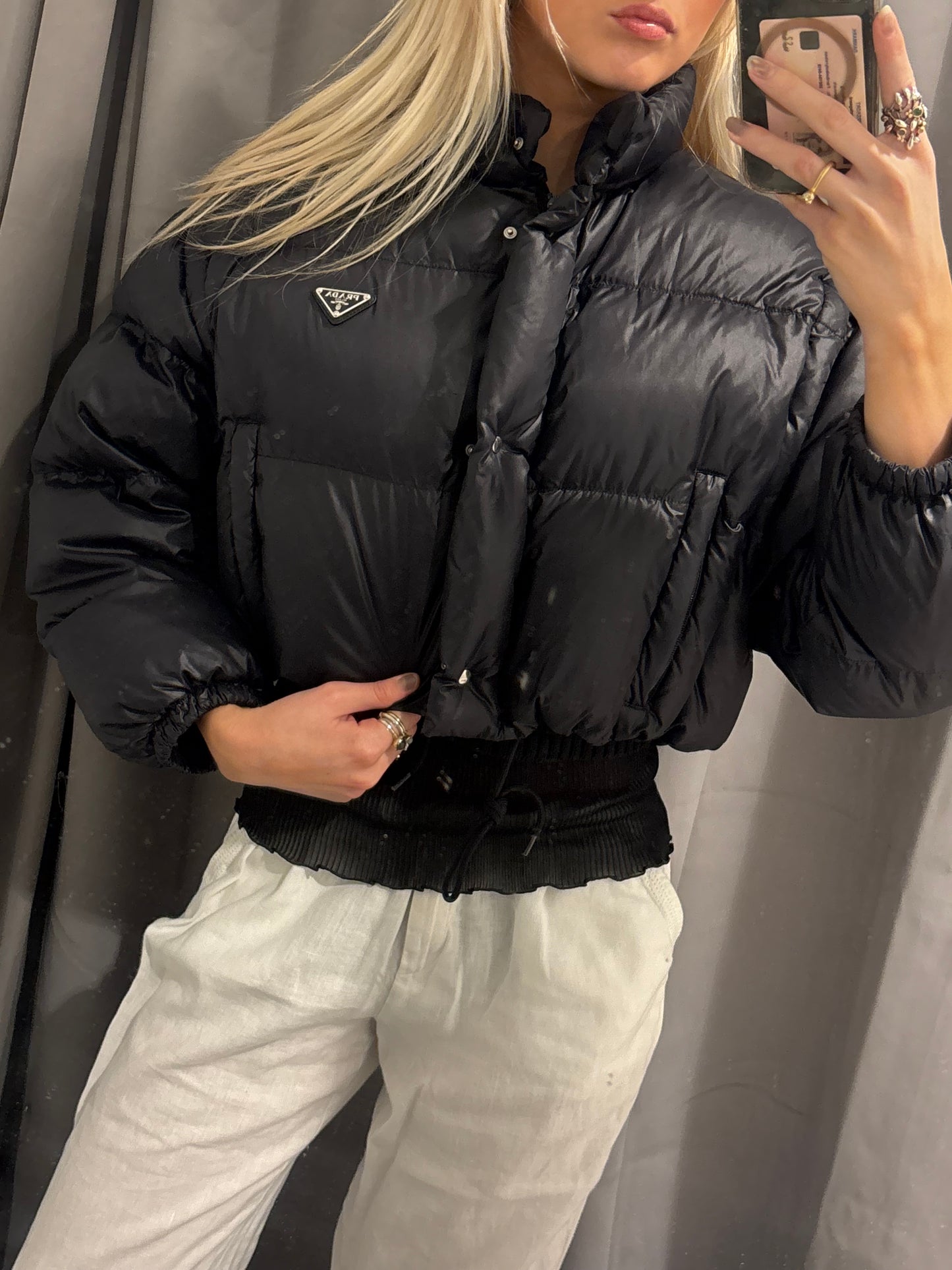 Prada Cropped Puffer Jacket - Black with Silver Logo