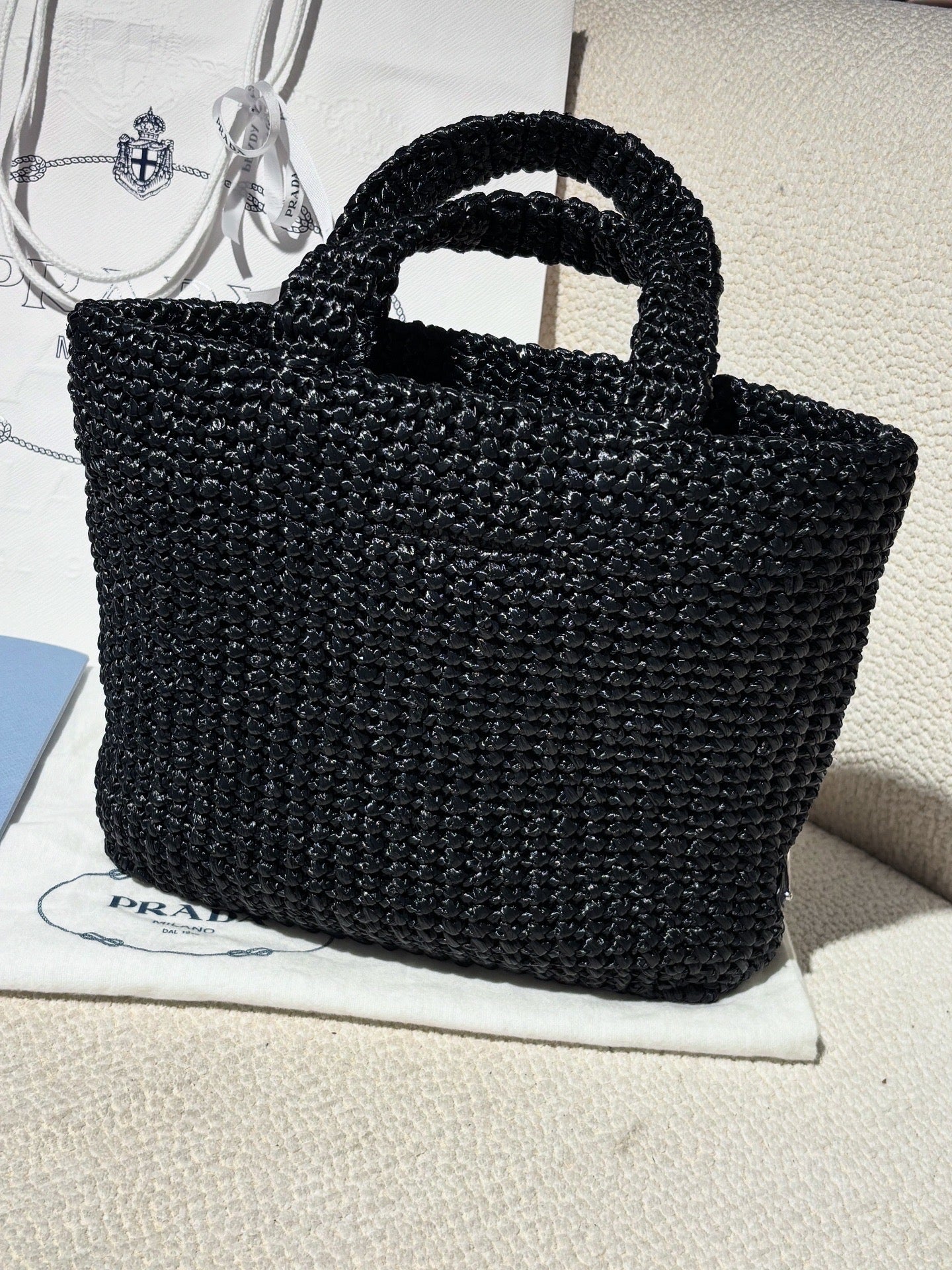 Prada Raffia Tote – Black with White Logo Text