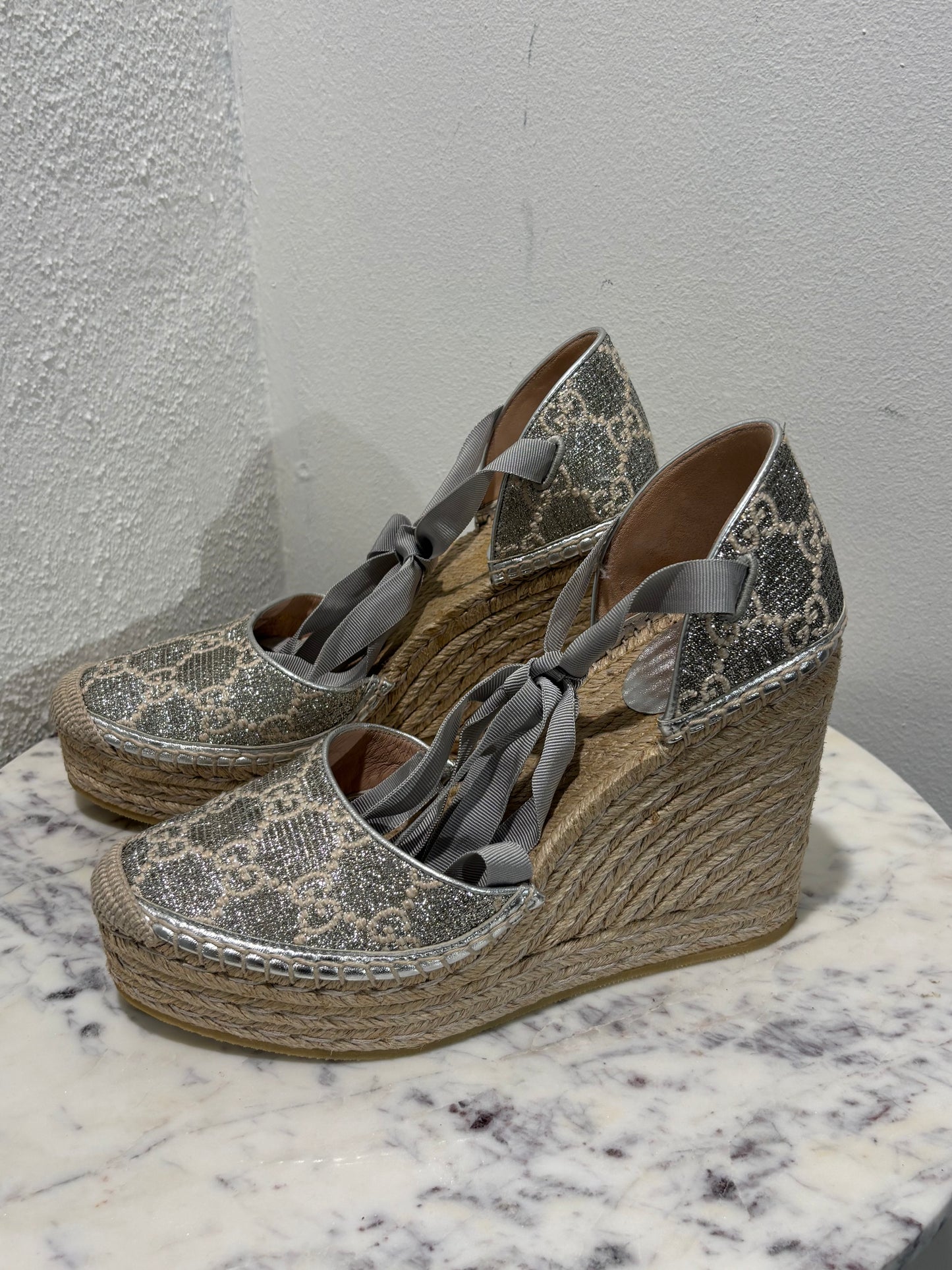 Gucci Wedge Sandals - Silver Monogram - EU 40