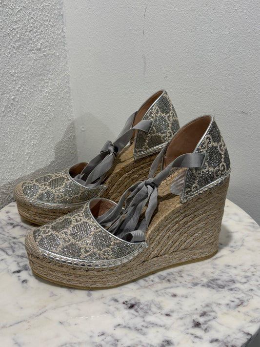 Gucci Wedge Sandals - Silver Monogram - EU 40